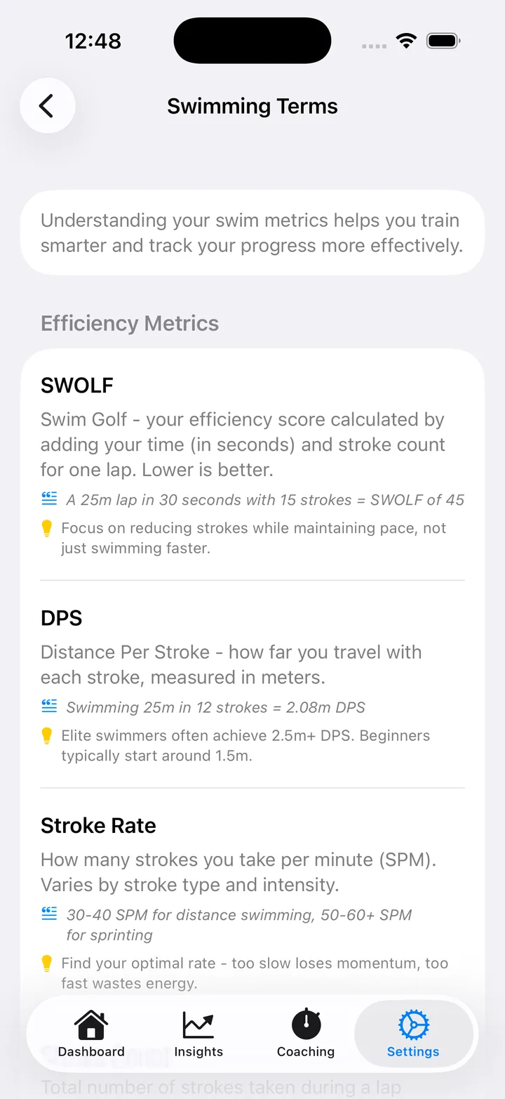 In-app glossary and tutorial explaining a swimming term in Lapwizard